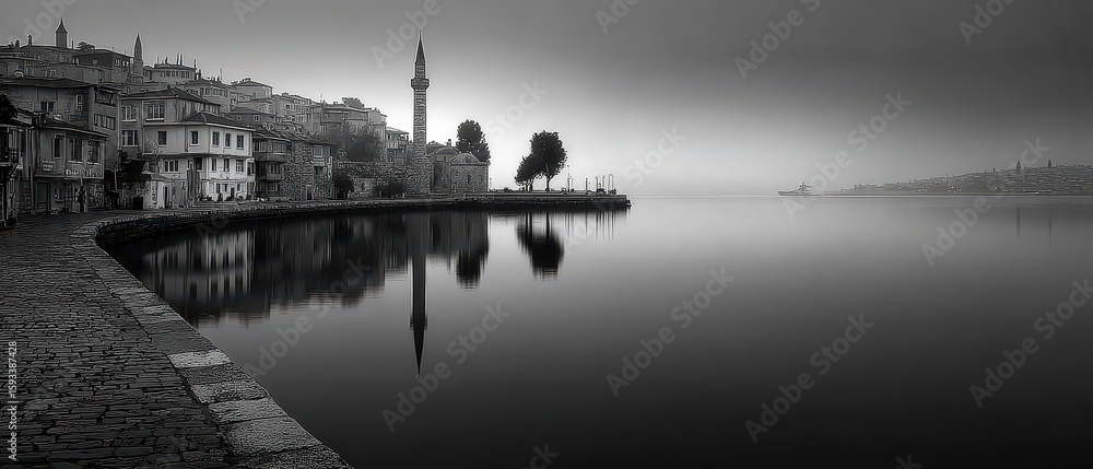 Fototapeta premium Serene riverfront at dawn in black and white