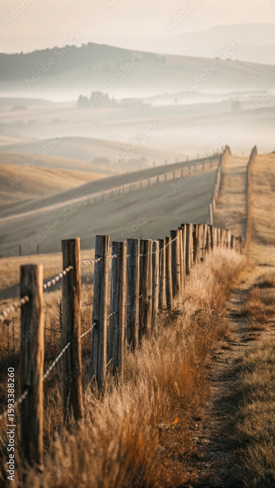 Obraz premium Rustic Fence in Misty Golden Landscape: Serene Countryside View