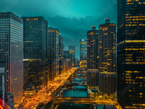Photography Chicago River and skyline at dusk.
