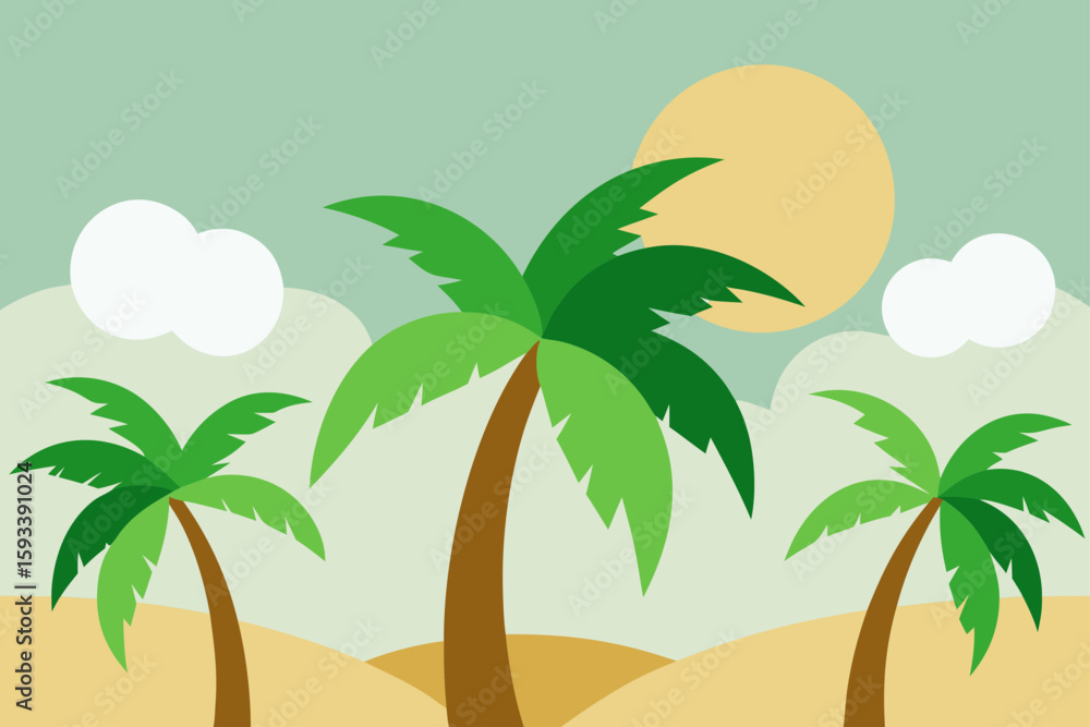 Fototapeta premium Tropical beach scene with palm trees and sun