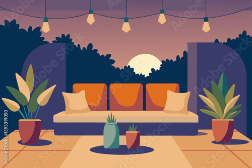 Cozy outdoor patio seating area with string lights and sunset view