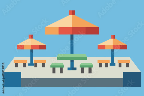 Outdoor seating area with umbrellas and picnic tables