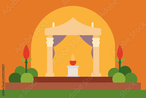 Simple flat design wedding altar with flowers and candle