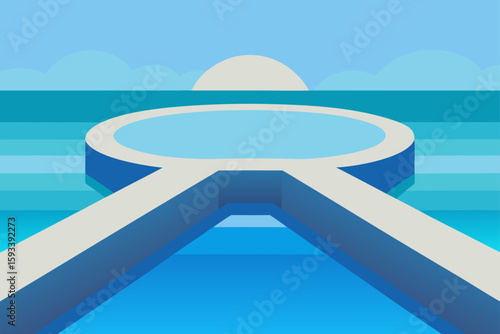 Modern minimalist swimming pool design with geometric pathways and serene water landscape
