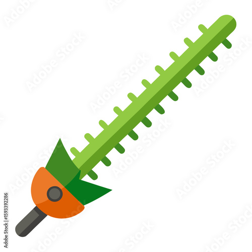 Green hedge trimmer blade with orange handle and green leaves