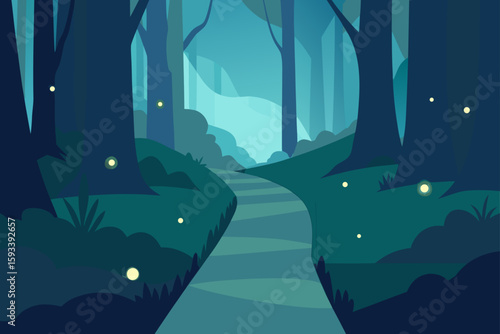 Enchanting forest path illuminated by fireflies at dusk