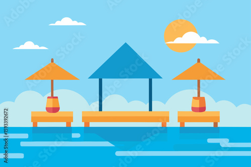 Tropical beach scene with umbrellas and gazebo