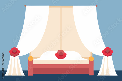 Elegant four poster bed with drapes and rose accents