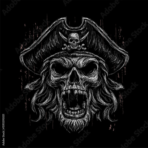 The scribble art vector skull head wearing pirates hat with long hair