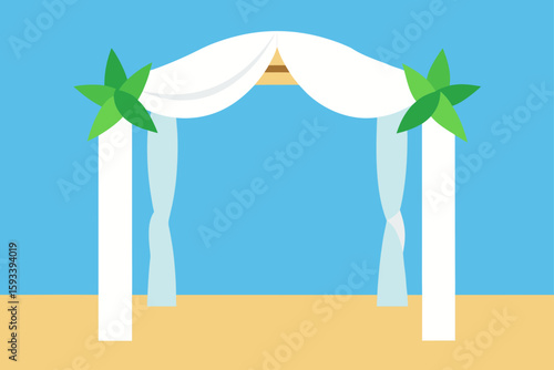 Beach wedding arch with draping fabric and tropical leaves