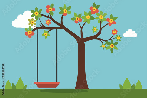 A blooming tree with a swing set on a clear day