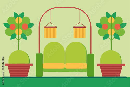 Cozy outdoor seating area with fruit trees and lamps