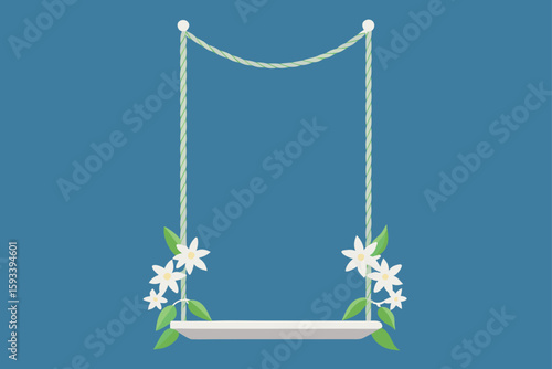 Simple swing decorated with white flowers and green leaves on a blue background