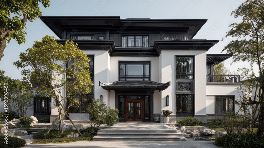 Fototapeta premium Elegant modern mansion amid lush greenery at dusk. AI image