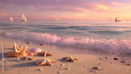 Serene beach sunset with starfish and sailboats. AI image