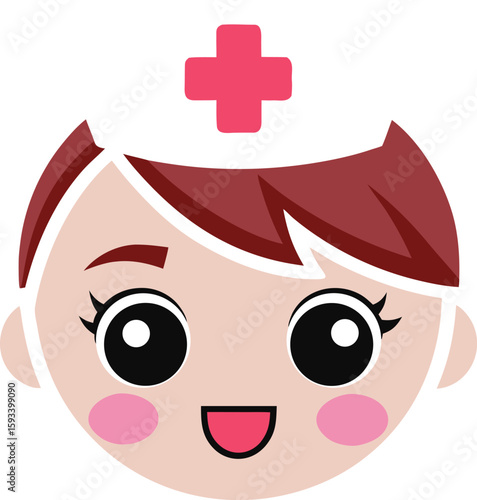Friendly cartoon nurse graphic with a pink cross on her cap, perfect for medical or healthcare designs requiring a warm and approachable style.
