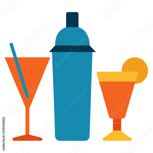 Colorful cocktail shaker and drinks