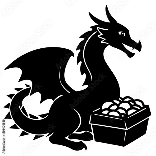 Black dragon guarding a chest of gold coins