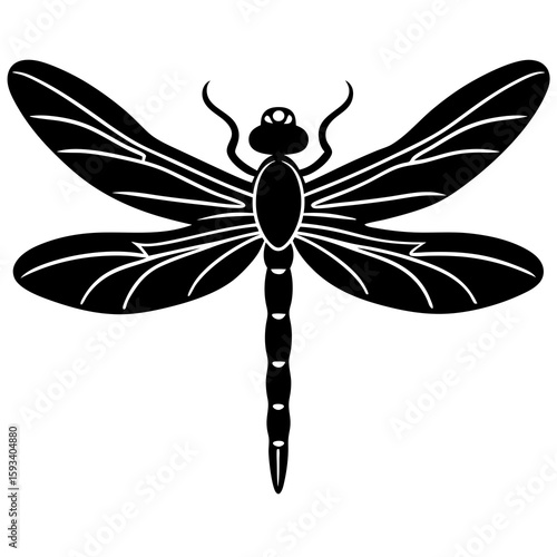 Stylized black silhouette of a dragonfly with intricate wing patterns