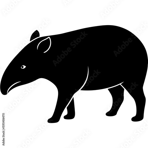 Black silhouette of a tapir standing on a white background