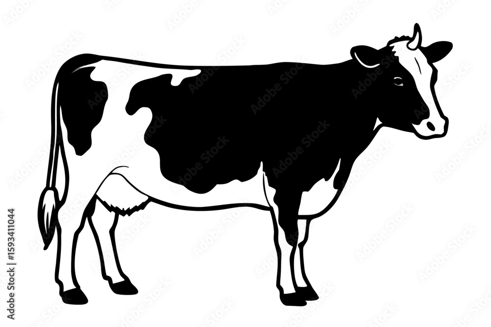 Fototapeta premium Black and white cow isolated on white background, a cute farm animal illustration