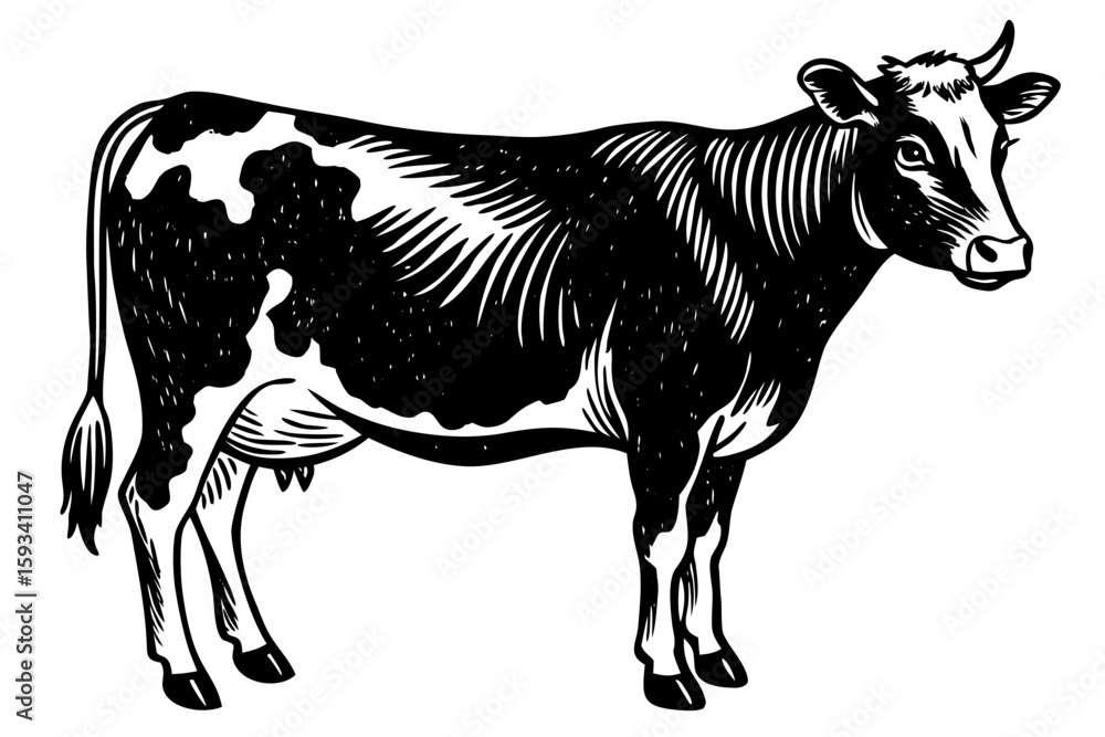 Fototapeta premium Black and white cartoon farm animal illustration of a cow or bull silhouette, isolated vector art for milk and beef cattle