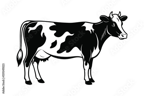 Black and white dairy cow illustration isolated on a white background