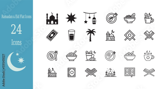 Black and white Ramadan and Eid flat icons set featuring mosque star dates and food illustrations