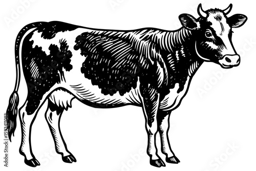 Black and white cattle isolated on a white background, featuring a cute cartoon farm animal illustration of a cow, bull, or calf for agriculture and dairy