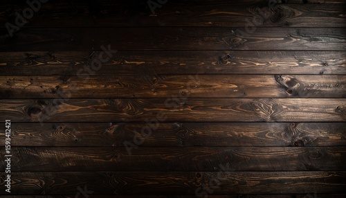 Rustic dark wood texture background. Old wooden wall made of horizontal planks with a rich, textured grain and natural knots. Moody brown tabletop or floor surface.