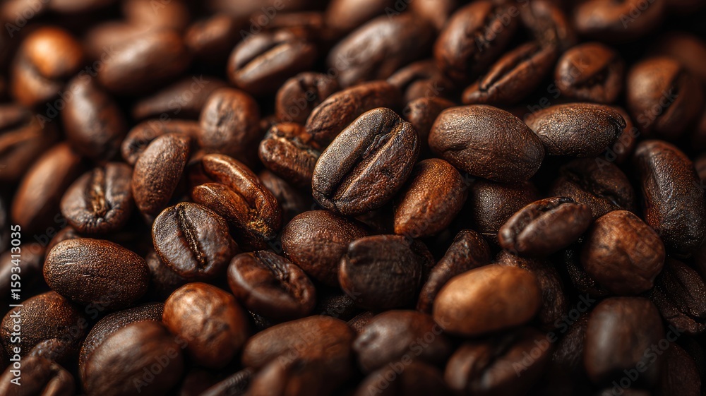 Fototapeta premium Close-up of roasted coffee beans in warm light. AI image