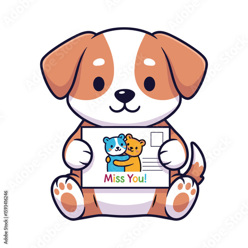 Cute Puppy Holding Miss You Card with Cartoon Bears for Children Projects Illustration
