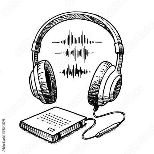 Audio lesson icon with headphones and sound waves, hand-drawn sketch illustration, black and white. E-learning, audio education concept, for educational apps, online courses, podcast covers