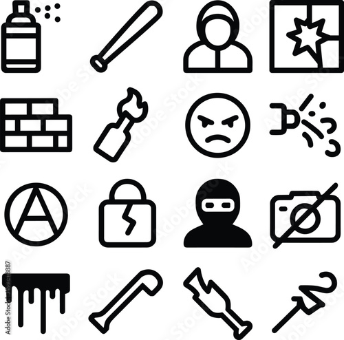 Outline Minimalist Riot and Protest Crime Element Symbol Icon Illustration