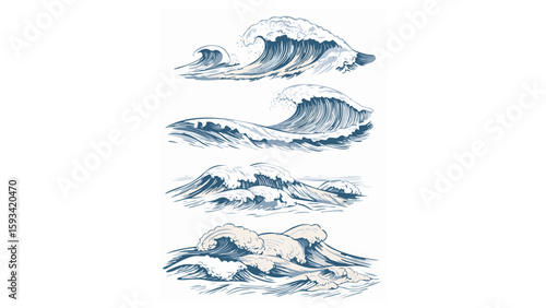 Sea waves sketch. Storm wave, vintage tide and ocean beach
