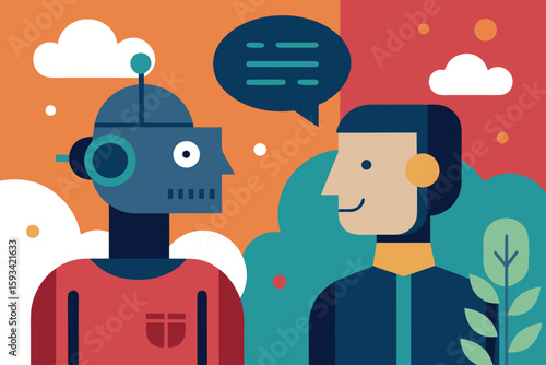 A human and a robot are having a conversation in a colorful setting