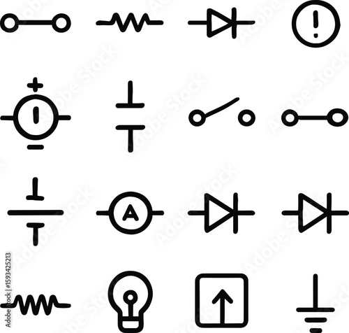 Simple Line Electrical Component and Circuit Symbol Icon Element Set