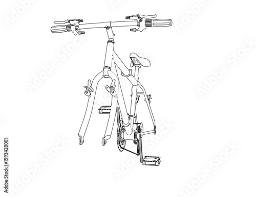 Blueprint style engineering drawing of a sport bicycle frame. Minimalist vector illustration showing detailed geometry, pedal power mechanisms, and core cycling structure for product design.