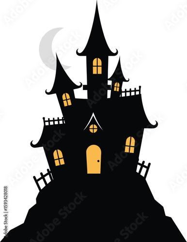 Silhouette of a spooky Halloween castle on a hilltop, with glowing windows.