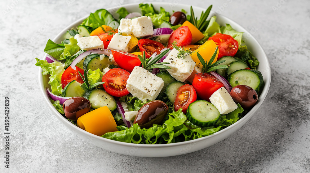 Fresh healthy vegetable Mediterranean salad of feta cheese, tomato, olives, green pepper and green basil leaves, banner, top view Fresh healthy vegetable Mediterranean salad of feta cheese, tomato, olives, green pepper and green basil leaves, banner, top view