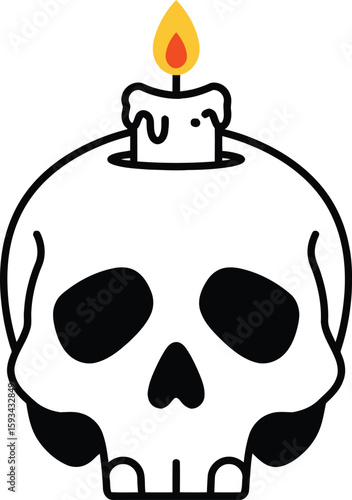 Stylized skull with a burning candle on top, featuring dripping wax and a bright flame.