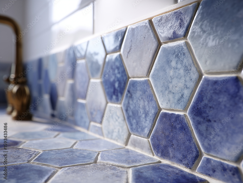 lapis hexagonal tile backsplash, soft ambient light, ultra-clean minimal setting lapis hexagonal tile backsplash, soft ambient light, ultra-clean minimal setting