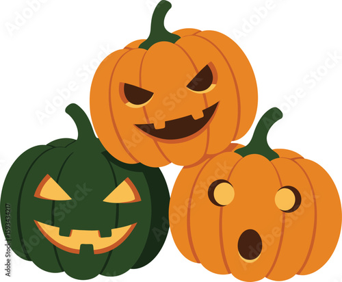 Three stylized Halloween pumpkins, two orange and one green, with carved faces, stacked together.