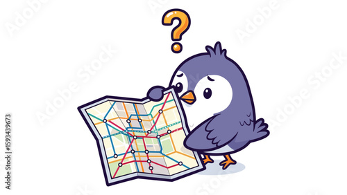 Confused bird with city map vector illustration for travel and exploration concept