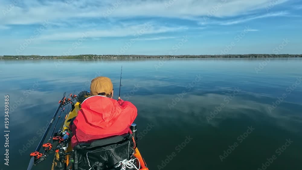 Kayak angler casting fishing in the lake, using kayak, spinning rod and small lure. Fisherman kayaking in the North American waters, fishing and trolling fishing. Water sport in spring. Fishing game. Kayak angler casting fishing in the lake, using kayak, spinning rod and small lure. Fisherman kayaking in the North American waters, fishing and trolling fishing. Water sport in spring. Fishing game.