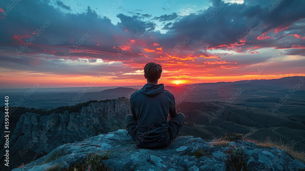 Obraz premium Person meditating on mountain peak at sunset, embracing tranquility and vast scenic beauty. Mindfulness.