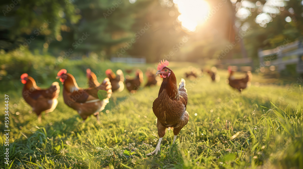 Fototapeta premium Free-range hens graze in a lush, sunlit pasture, embodying the natural beauty of farm life and animal welfare.