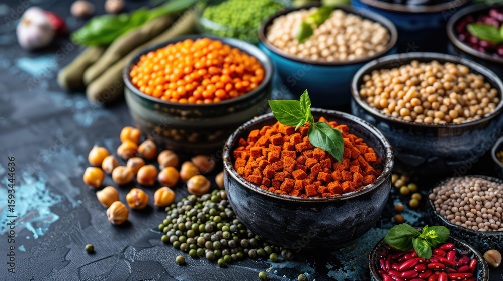 Fototapeta premium Variety of colorful lentils and legumes in bowls, set against a dark rustic background. Healthy eating concept
