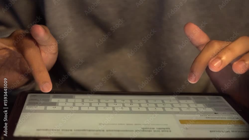 Hands typing on a digital tablet's virtual keyboard, showcasing modern technology and digital communication.
