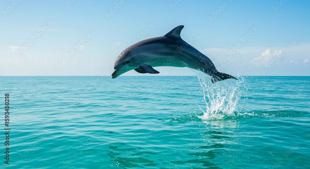 Fototapeta premium A dolphin leaping from turquoise water under a clear sky
